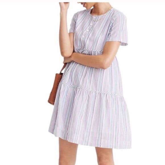 Madewell Striped Crewneck Button-Front Tiered Mini Dress - Picture 1 of 7
